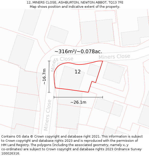 12, MINERS CLOSE, ASHBURTON, NEWTON ABBOT, TQ13 7FE: Plot and title map