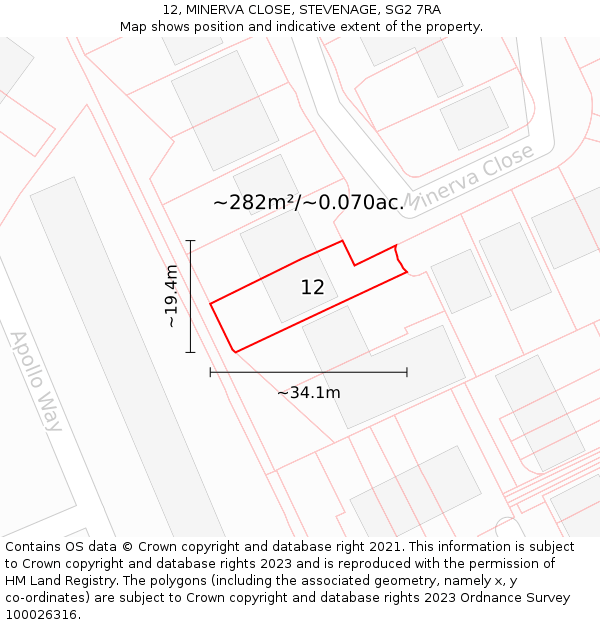 12, MINERVA CLOSE, STEVENAGE, SG2 7RA: Plot and title map