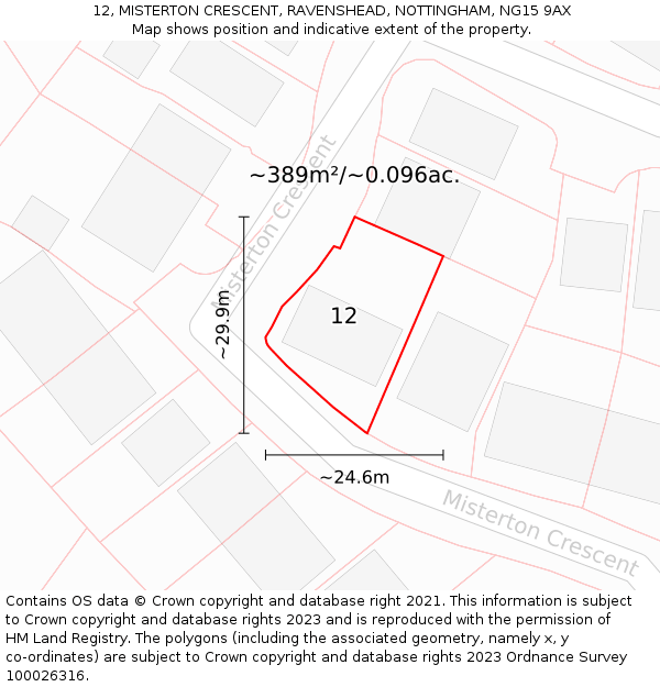 12, MISTERTON CRESCENT, RAVENSHEAD, NOTTINGHAM, NG15 9AX: Plot and title map