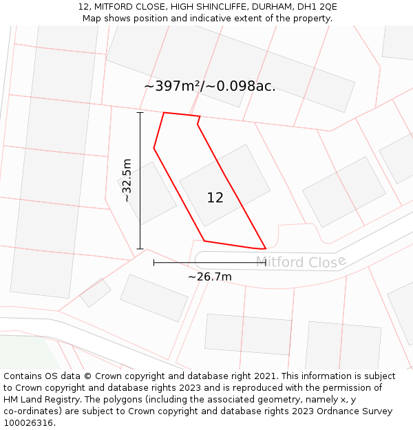 12, MITFORD CLOSE, HIGH SHINCLIFFE, DURHAM, DH1 2QE: Plot and title map