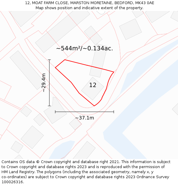 12, MOAT FARM CLOSE, MARSTON MORETAINE, BEDFORD, MK43 0AE: Plot and title map