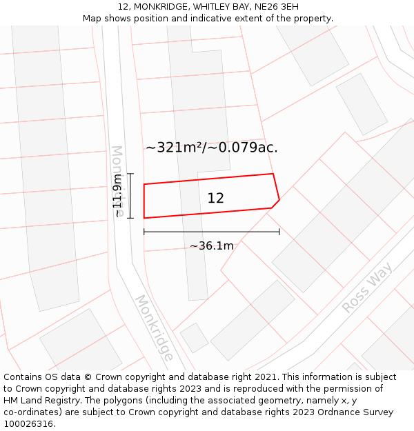 12, MONKRIDGE, WHITLEY BAY, NE26 3EH: Plot and title map