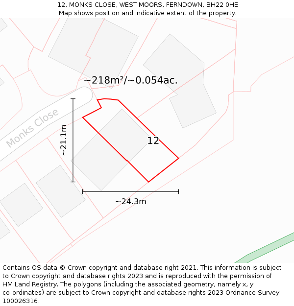 12, MONKS CLOSE, WEST MOORS, FERNDOWN, BH22 0HE: Plot and title map