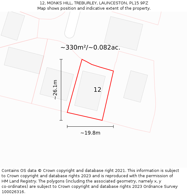 12, MONKS HILL, TREBURLEY, LAUNCESTON, PL15 9PZ: Plot and title map