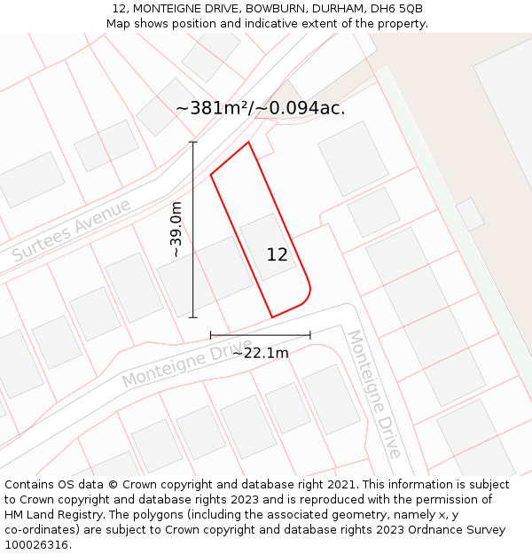 12, MONTEIGNE DRIVE, BOWBURN, DURHAM, DH6 5QB: Plot and title map