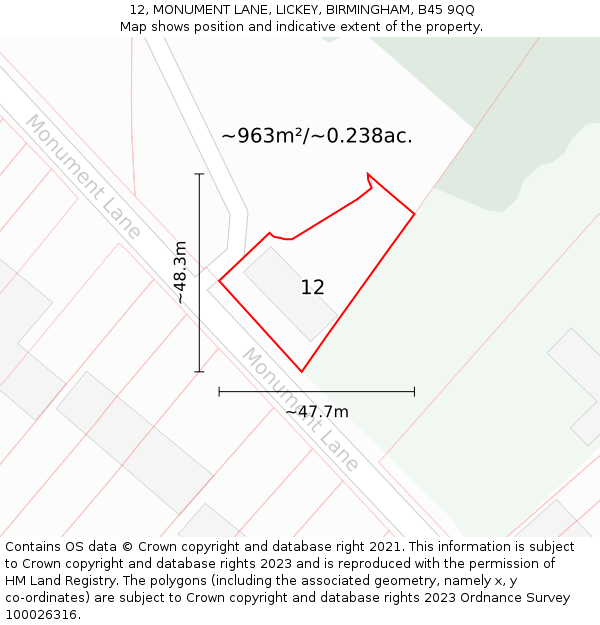 12, MONUMENT LANE, LICKEY, BIRMINGHAM, B45 9QQ: Plot and title map