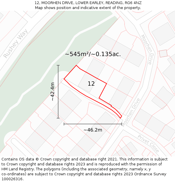 12, MOORHEN DRIVE, LOWER EARLEY, READING, RG6 4NZ: Plot and title map