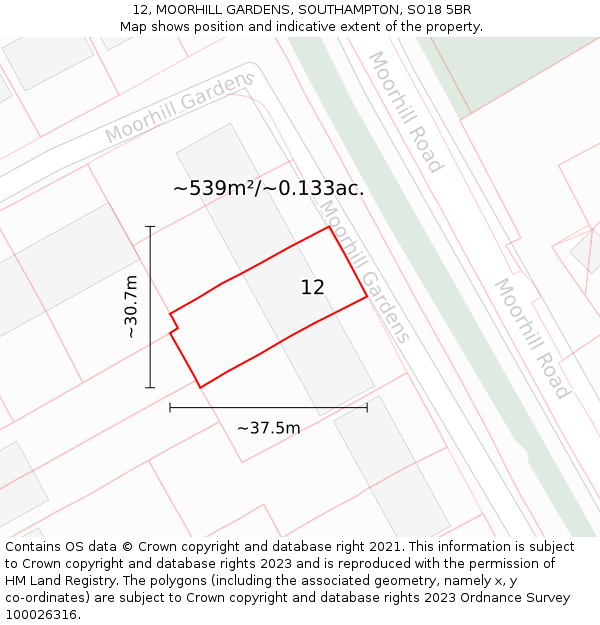 12, MOORHILL GARDENS, SOUTHAMPTON, SO18 5BR: Plot and title map