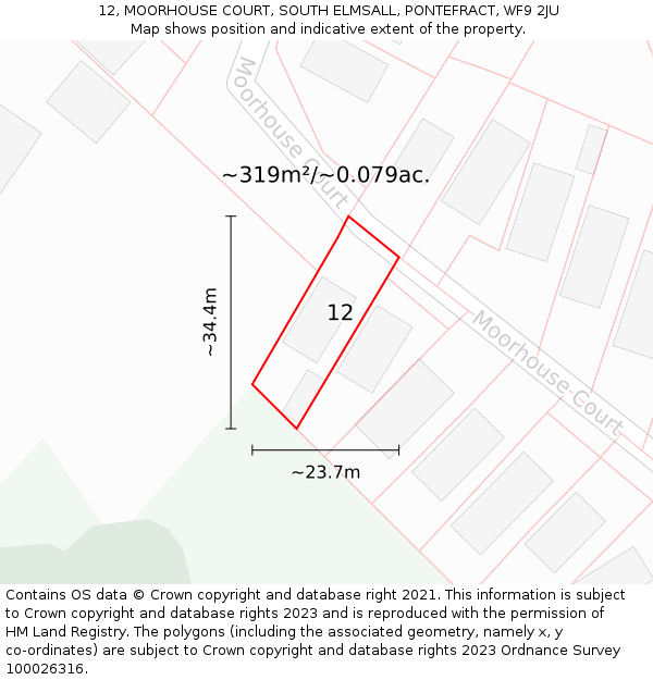 12, MOORHOUSE COURT, SOUTH ELMSALL, PONTEFRACT, WF9 2JU: Plot and title map