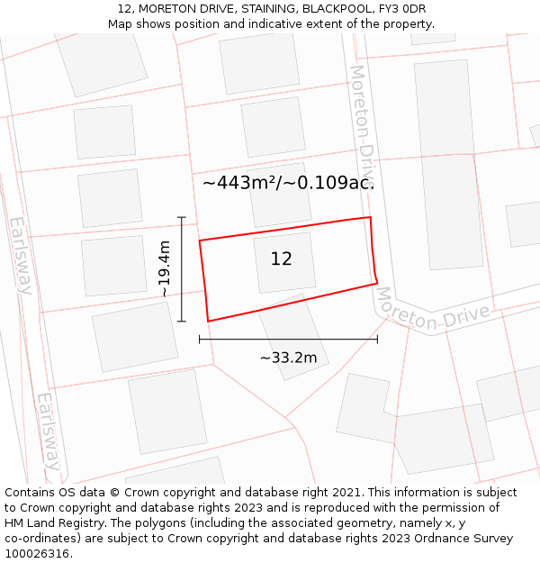 12, MORETON DRIVE, STAINING, BLACKPOOL, FY3 0DR: Plot and title map