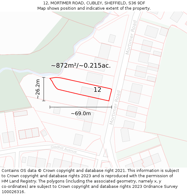 12, MORTIMER ROAD, CUBLEY, SHEFFIELD, S36 9DF: Plot and title map