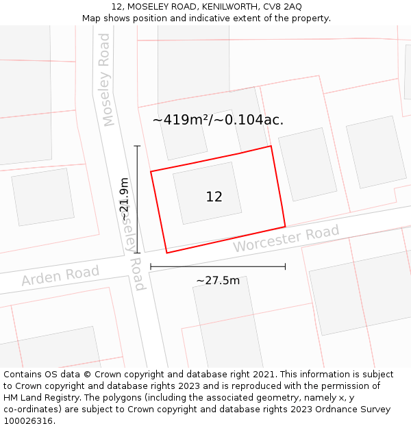 12, MOSELEY ROAD, KENILWORTH, CV8 2AQ: Plot and title map