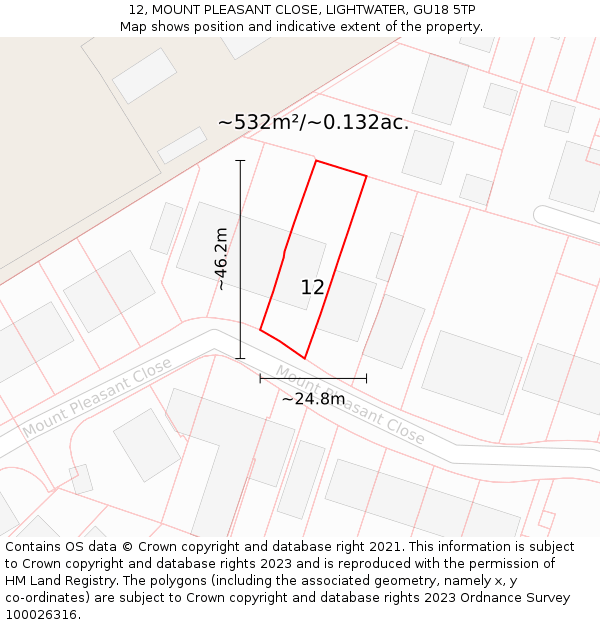 12, MOUNT PLEASANT CLOSE, LIGHTWATER, GU18 5TP: Plot and title map