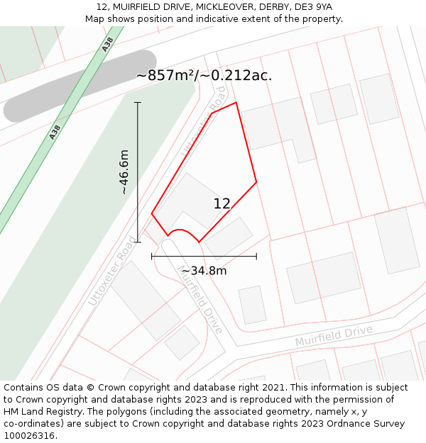 12, MUIRFIELD DRIVE, MICKLEOVER, DERBY, DE3 9YA: Plot and title map