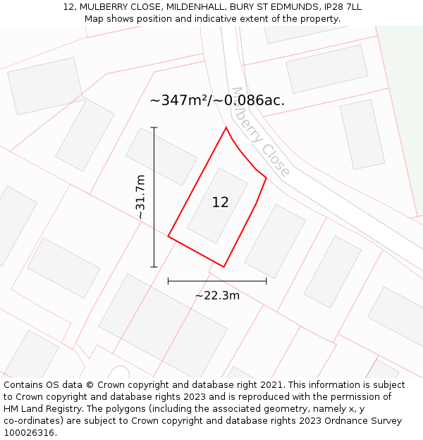 12, MULBERRY CLOSE, MILDENHALL, BURY ST EDMUNDS, IP28 7LL: Plot and title map