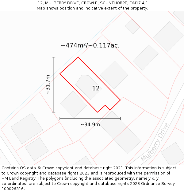 12, MULBERRY DRIVE, CROWLE, SCUNTHORPE, DN17 4JF: Plot and title map