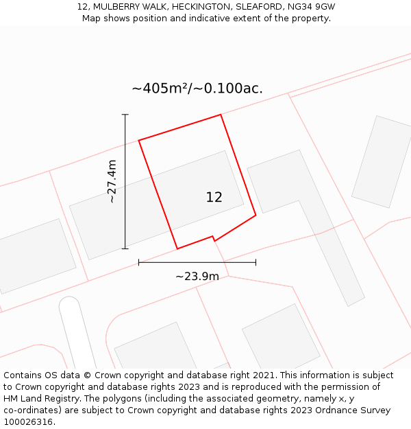 12, MULBERRY WALK, HECKINGTON, SLEAFORD, NG34 9GW: Plot and title map