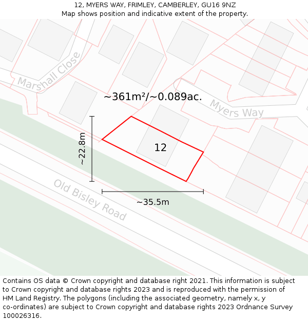 12, MYERS WAY, FRIMLEY, CAMBERLEY, GU16 9NZ: Plot and title map