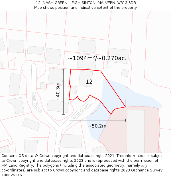 12, NASH GREEN, LEIGH SINTON, MALVERN, WR13 5DR: Plot and title map