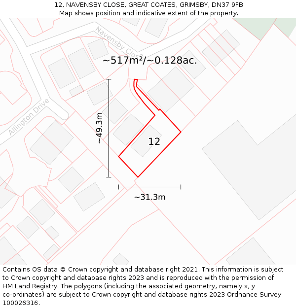 12, NAVENSBY CLOSE, GREAT COATES, GRIMSBY, DN37 9FB: Plot and title map