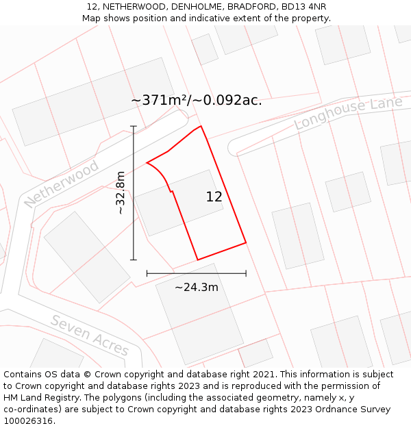 12, NETHERWOOD, DENHOLME, BRADFORD, BD13 4NR: Plot and title map