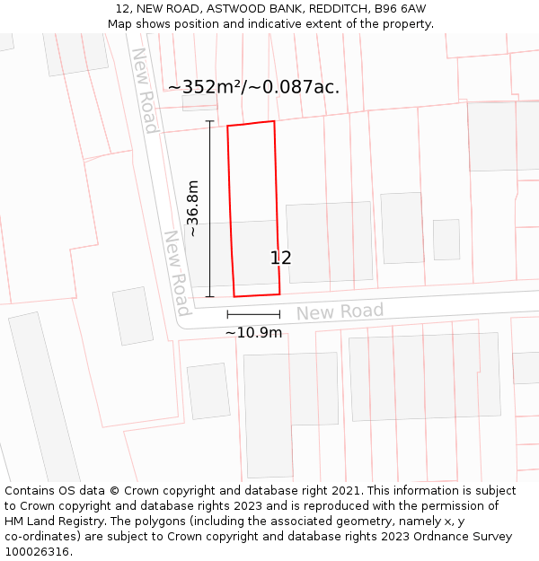 12, NEW ROAD, ASTWOOD BANK, REDDITCH, B96 6AW: Plot and title map