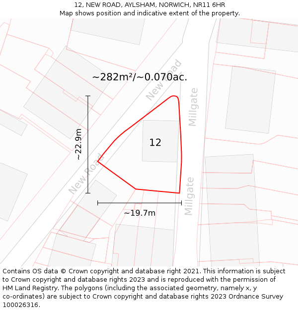 12, NEW ROAD, AYLSHAM, NORWICH, NR11 6HR: Plot and title map