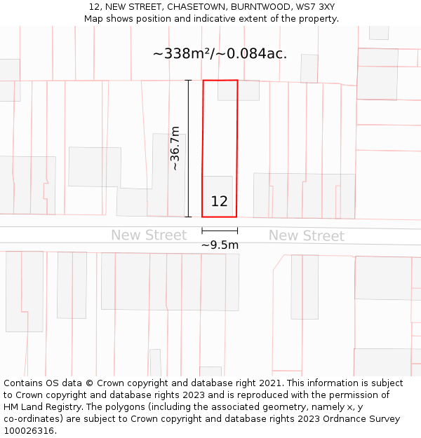 12, NEW STREET, CHASETOWN, BURNTWOOD, WS7 3XY: Plot and title map