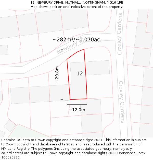 12, NEWBURY DRIVE, NUTHALL, NOTTINGHAM, NG16 1RB: Plot and title map