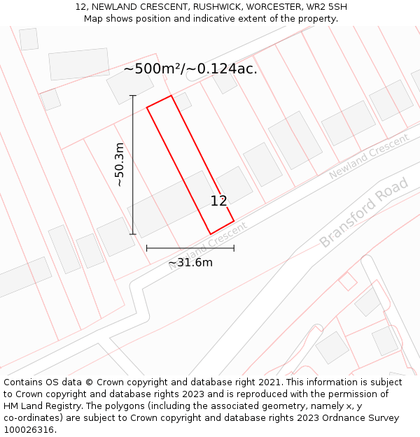 12, NEWLAND CRESCENT, RUSHWICK, WORCESTER, WR2 5SH: Plot and title map