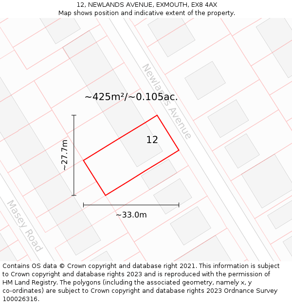 12, NEWLANDS AVENUE, EXMOUTH, EX8 4AX: Plot and title map