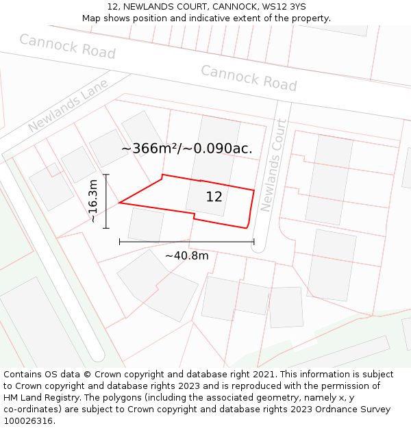 12, NEWLANDS COURT, CANNOCK, WS12 3YS: Plot and title map