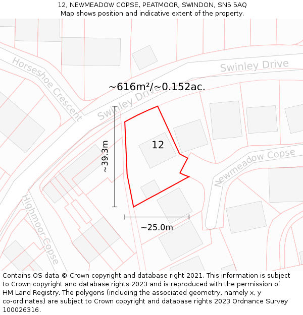 12, NEWMEADOW COPSE, PEATMOOR, SWINDON, SN5 5AQ: Plot and title map