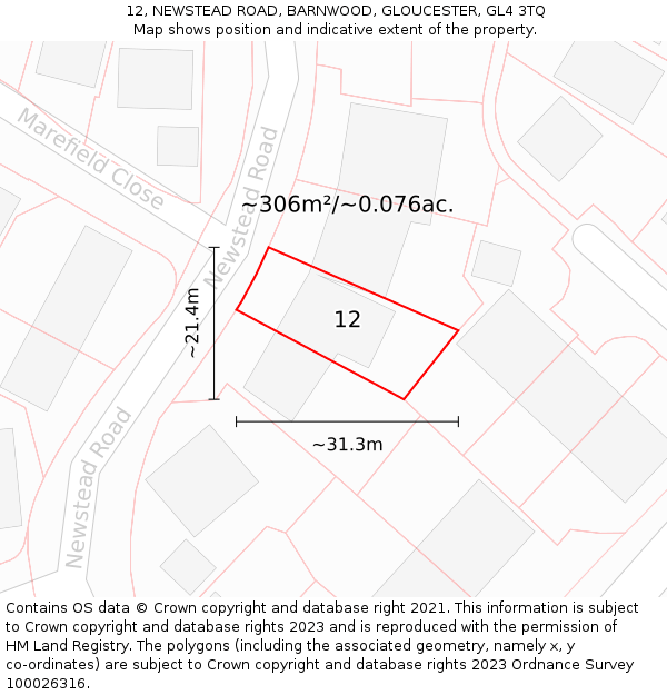 12, NEWSTEAD ROAD, BARNWOOD, GLOUCESTER, GL4 3TQ: Plot and title map