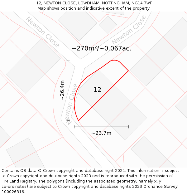 12, NEWTON CLOSE, LOWDHAM, NOTTINGHAM, NG14 7WF: Plot and title map