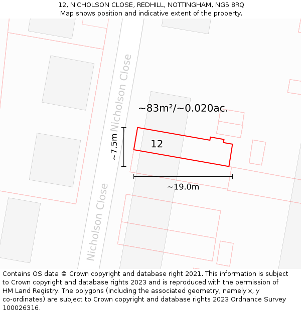 12, NICHOLSON CLOSE, REDHILL, NOTTINGHAM, NG5 8RQ: Plot and title map