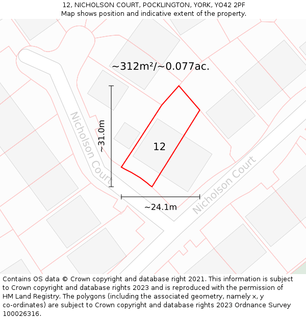 12, NICHOLSON COURT, POCKLINGTON, YORK, YO42 2PF: Plot and title map