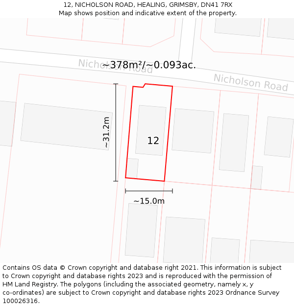 12, NICHOLSON ROAD, HEALING, GRIMSBY, DN41 7RX: Plot and title map