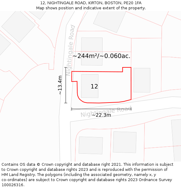 12, NIGHTINGALE ROAD, KIRTON, BOSTON, PE20 1FA: Plot and title map