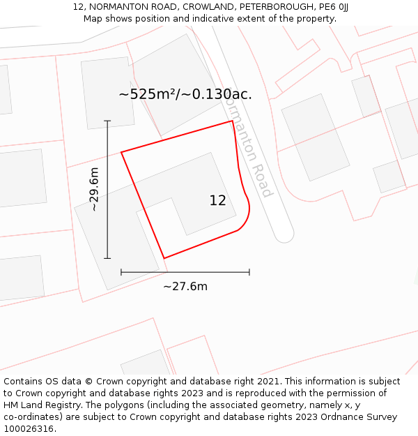 12, NORMANTON ROAD, CROWLAND, PETERBOROUGH, PE6 0JJ: Plot and title map