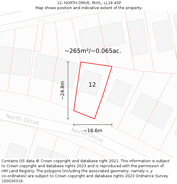 12, NORTH DRIVE, RHYL, LL18 4SP: Plot and title map