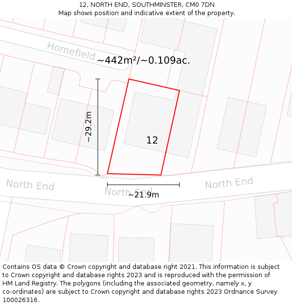 12, NORTH END, SOUTHMINSTER, CM0 7DN: Plot and title map