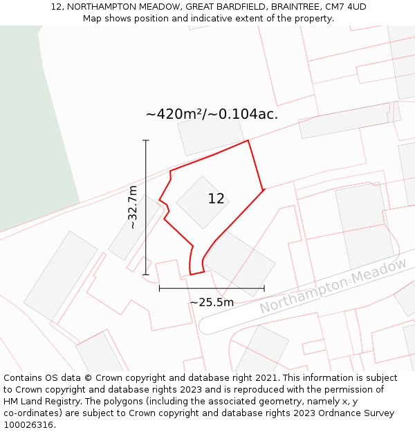 12, NORTHAMPTON MEADOW, GREAT BARDFIELD, BRAINTREE, CM7 4UD: Plot and title map