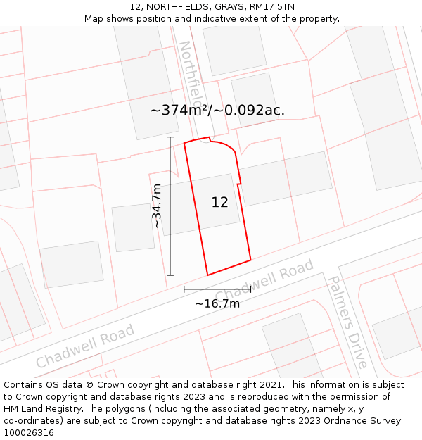 12, NORTHFIELDS, GRAYS, RM17 5TN: Plot and title map