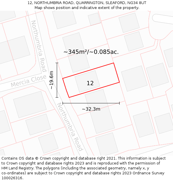 12, NORTHUMBRIA ROAD, QUARRINGTON, SLEAFORD, NG34 8UT: Plot and title map