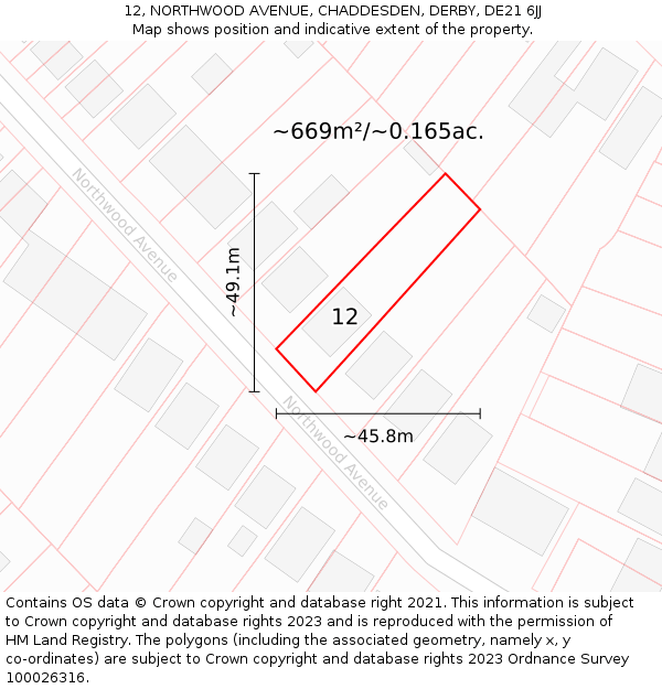 12, NORTHWOOD AVENUE, CHADDESDEN, DERBY, DE21 6JJ: Plot and title map