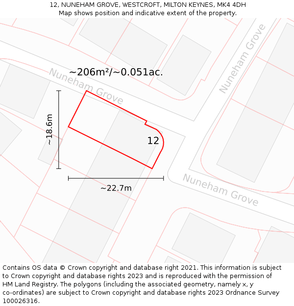 12, NUNEHAM GROVE, WESTCROFT, MILTON KEYNES, MK4 4DH: Plot and title map