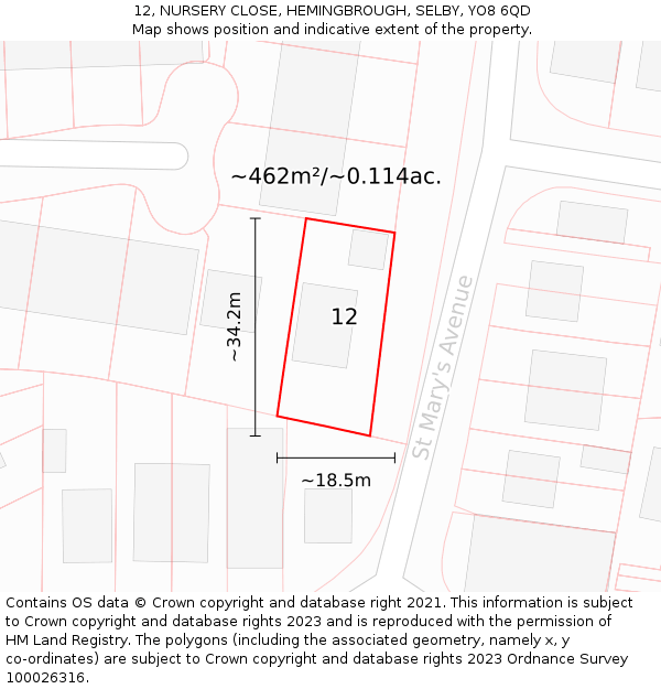 12, NURSERY CLOSE, HEMINGBROUGH, SELBY, YO8 6QD: Plot and title map