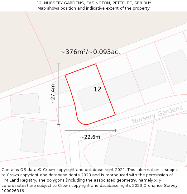 12, NURSERY GARDENS, EASINGTON, PETERLEE, SR8 3UY: Plot and title map