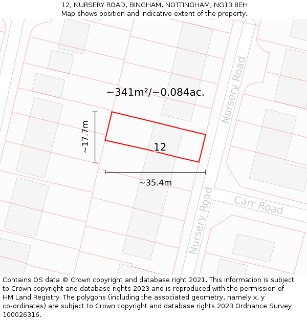 12, NURSERY ROAD, BINGHAM, NOTTINGHAM, NG13 8EH: Plot and title map